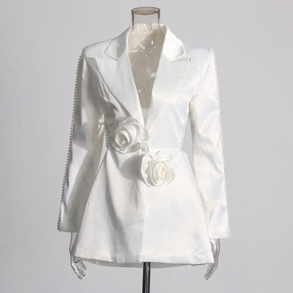 Patchwork Appliques Casual Blazers For Women Notchd Collar Long Sleeve Spliced Pearls Hollow Out Temperament Blazer Female