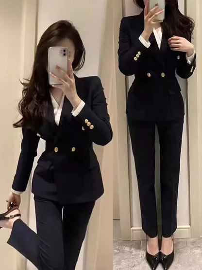 Navy Black Fashion Women Pant Suit Long Sleeve Solid Ladies Blazer and Trouser Formal 2 Piece Set For Autumn Winter