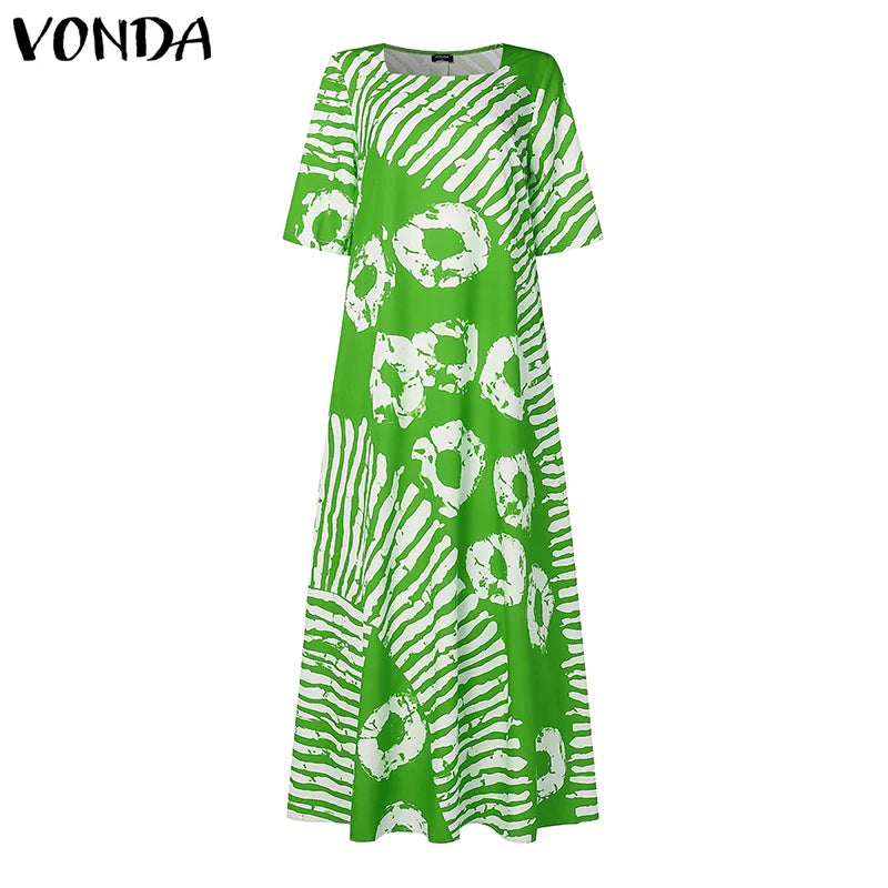 Plus Size VONDA Women Summer Party Maxi Dress Bohemian Printed Long Sundress Beach Vestidos 2025 Half Sleeve Casual Loose Robe
