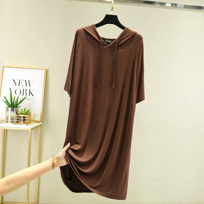Spring Summer Hooded dress half sleeves Modal Casual Loose Long dress Solid colors female clothing streetwear