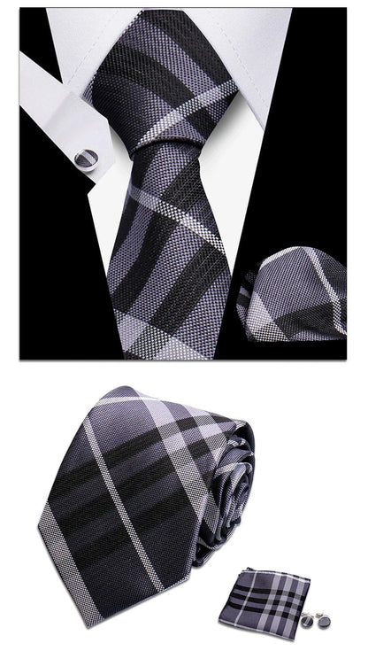 Classic Elegant Ties For Men Fashion Gifts Striped Solid Necktie Handchief Cufflink 3 Pcs Set Wedding Business Suit Accessories