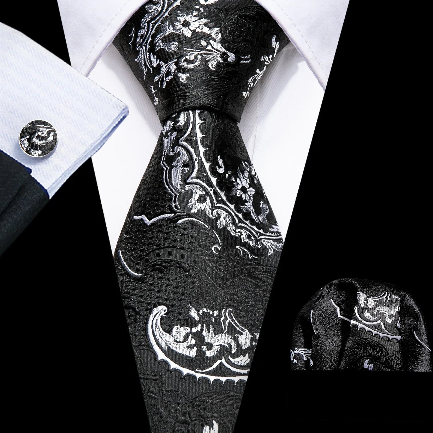 Barry.Wang Black White Gray Silver Silk Men Tie Handkerchief Cufflinks Set Jacquard Necktie for Male Wedding Business Party Gift