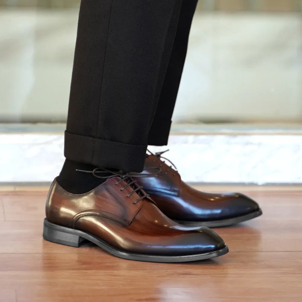 Men's Business Casual Shoes Distressed Wood Grain Square Toe Leather Derby Comfortable Office Wear Formal Dress Shoes Footwear