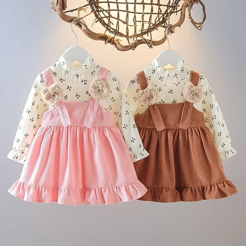 Fake Two Pieces Dress Corduroy Cartoon Bear Cherry Print Splicing Dresses Girls Princess Birthday Gift Kid Spring Autumn Clothes