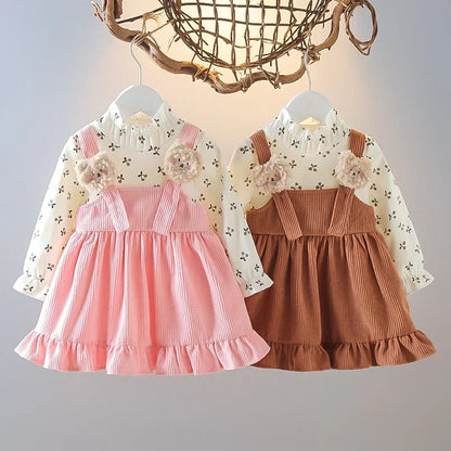 Fake Two Pieces Dress Corduroy Cartoon Bear Cherry Print Splicing Dresses Girls Princess Birthday Gift Kid Spring Autumn Clothes