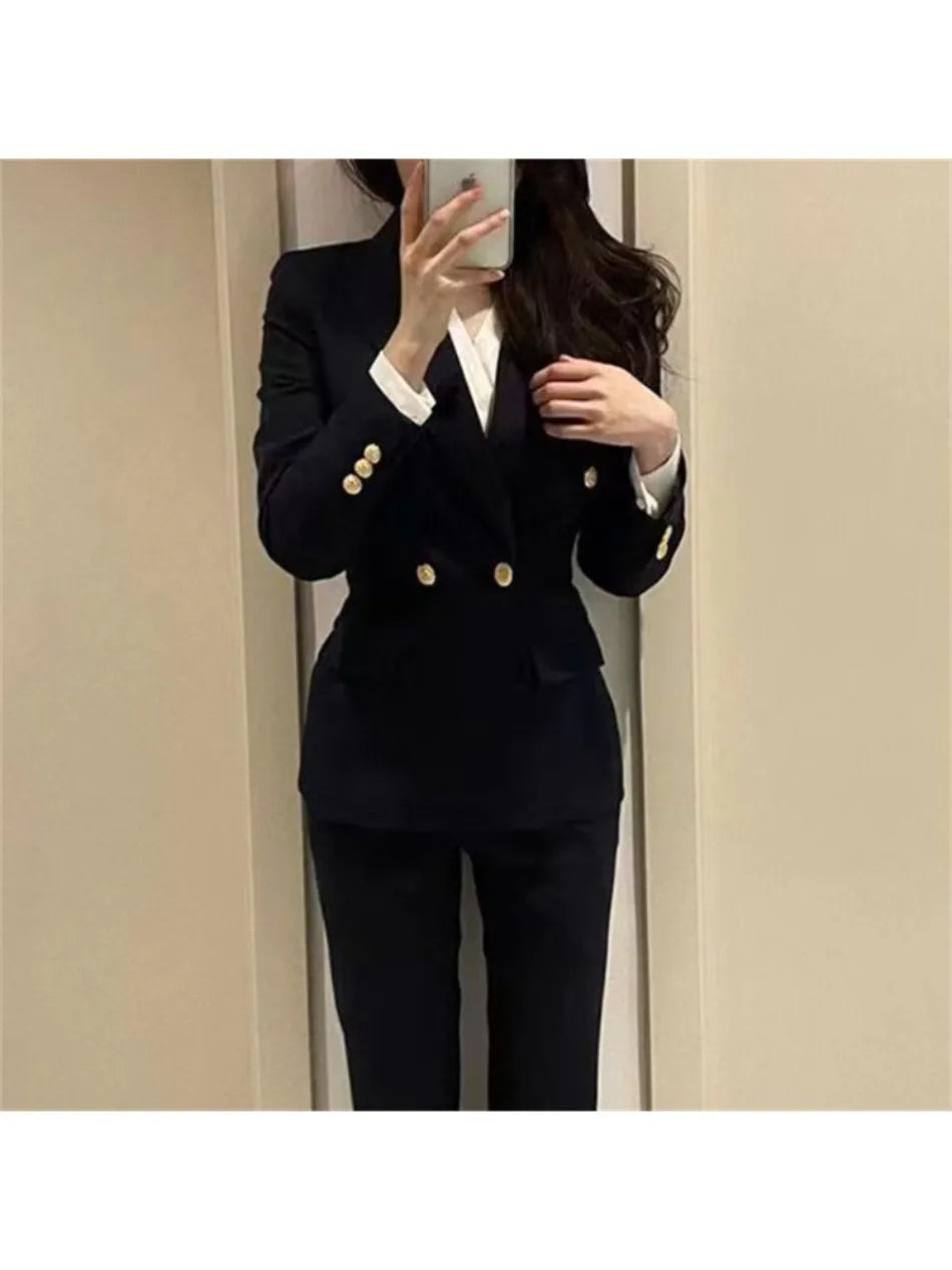Navy Black Fashion Women Pant Suit Long Sleeve Solid Ladies Blazer and Trouser Formal 2 Piece Set For Autumn Winter