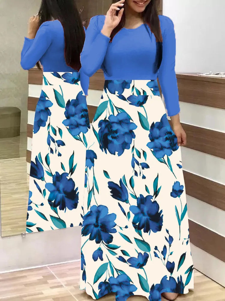Autumn hot selling European and American flower color matching dresses, long dresses, women's clothing in stock