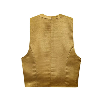 KONDALA Casual Chic Yellow Satin Women Suits V Neck Buttons Vest High Waist Wide Leg Pants Fashion 2025 Summer Holiday Suits