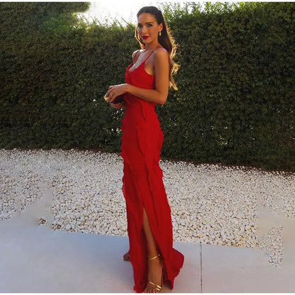 New 2026 Women's Ruffles Chiffon Maxi Dress Backlesss Split Sexy Porm Dress Red Long Summer Wedding Party Dress Elegant Vestidos