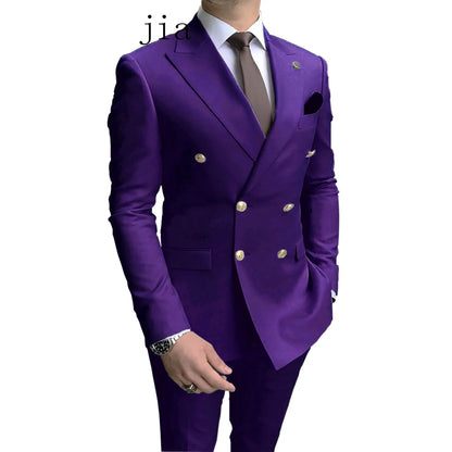 2024 Fashion New Men's Business Double Breasted Solid Color Suit Coat / Male Slim Wedding 2 Pieces Blazers Jacket Pants Trousers