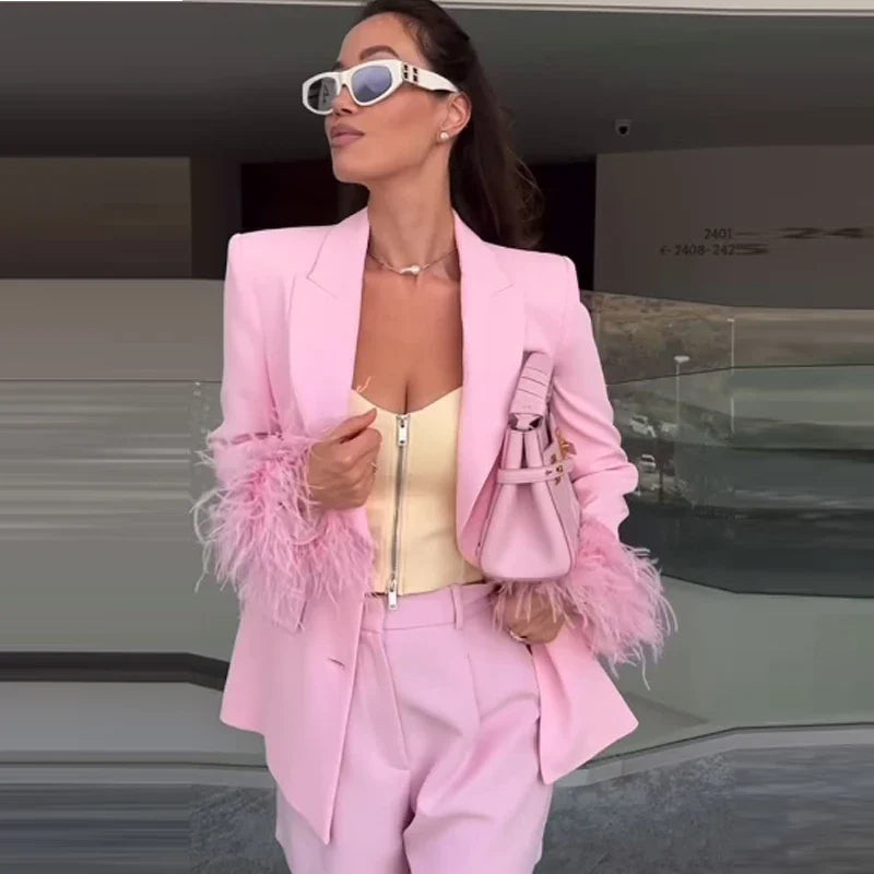 HXAO Feather Blazer And Pants Sets Women's Two Pieces Set Formal Pink Suit Woman Office Wear 2 Piece Sets Ladies Blazer Sets