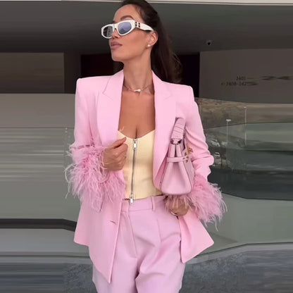 HXAO Feather Blazer And Pants Sets Women's Two Pieces Set Formal Pink Suit Woman Office Wear 2 Piece Sets Ladies Blazer Sets