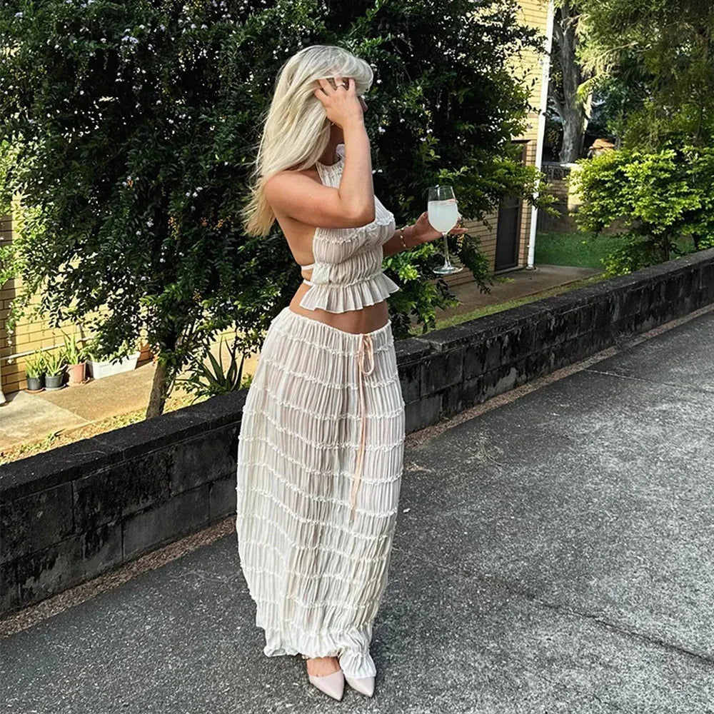 Beach Dresses Women 2024 Skirt Set Sleeveless Backless Cropped Halter Tops Drawstring Long Skirts Elegant Fashion 2 Piece Sets