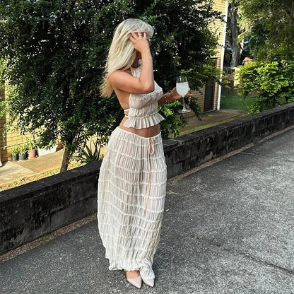 Beach Dresses Women 2024 Skirt Set Sleeveless Backless Cropped Halter Tops Drawstring Long Skirts Elegant Fashion 2 Piece Sets