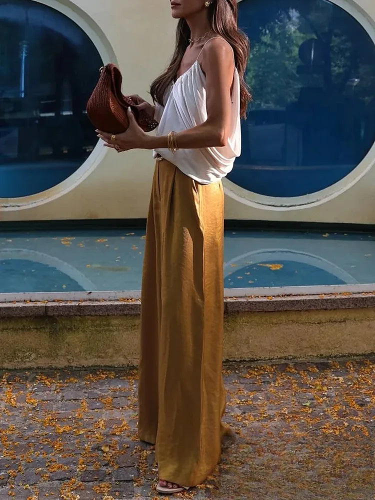 KONDALA Casual Chic Yellow Satin Women Suits V Neck Buttons Vest High Waist Wide Leg Pants Fashion 2025 Summer Holiday Suits