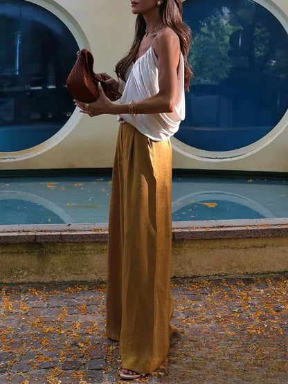 KONDALA Casual Chic Yellow Satin Women Suits V Neck Buttons Vest High Waist Wide Leg Pants Fashion 2025 Summer Holiday Suits