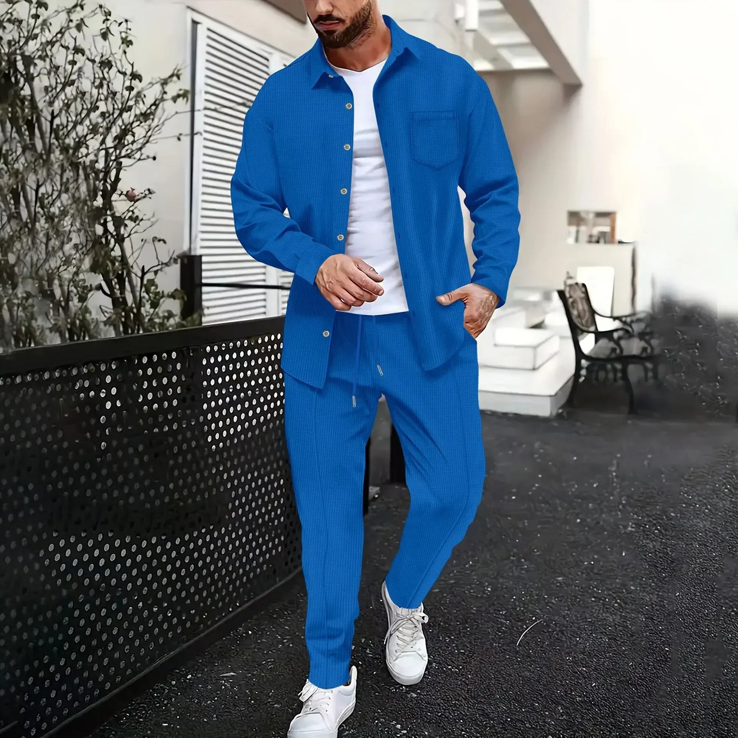 Spring and Autumn Men Waffle Solid Color Two-piece New Trend Lapel Long-sleeved Shirt and Trousers Casual Outdoor Sports Suit