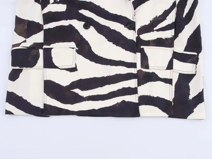 KONDALA Vintage Zebra Print Women Suits V Neck Oversized Long Blazer High Waist Wide Leg Pants Fashion 2025 Fall Streetwear Suit