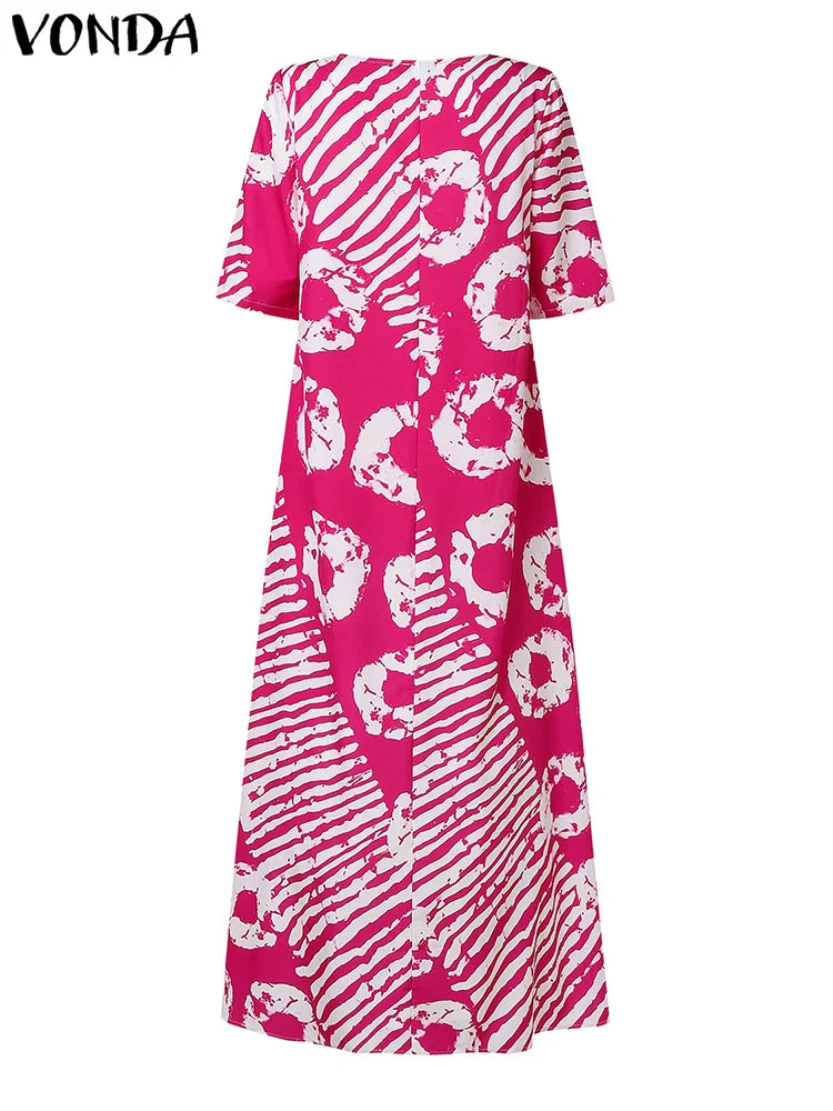 Plus Size VONDA Women Summer Party Maxi Dress Bohemian Printed Long Sundress Beach Vestidos 2025 Half Sleeve Casual Loose Robe