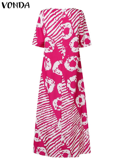 Plus Size VONDA Women Summer Party Maxi Dress Bohemian Printed Long Sundress Beach Vestidos 2025 Half Sleeve Casual Loose Robe