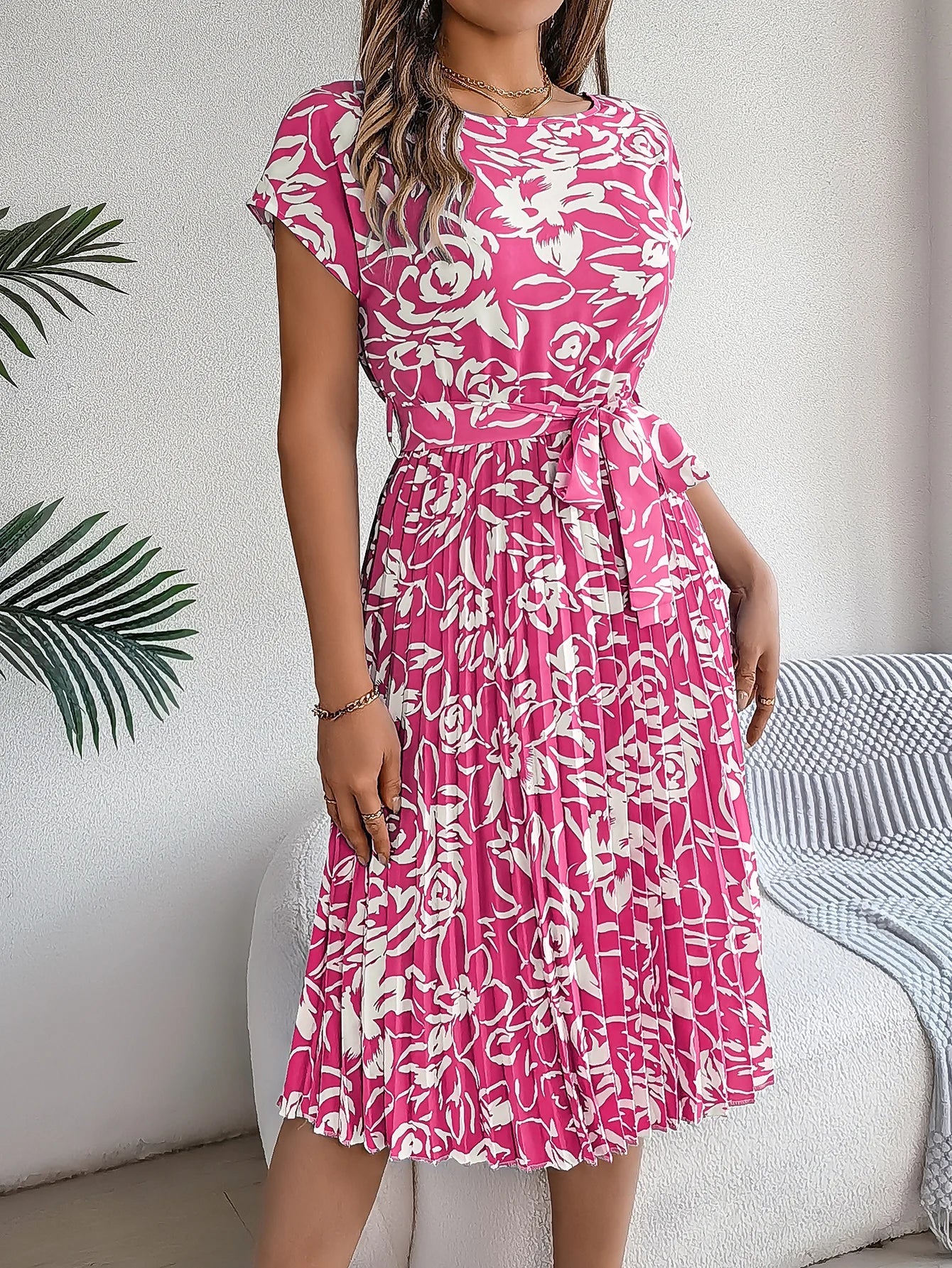 Spring Summer Elegant Flower Print Dress Short Sleeve Folded Dresses for Women Mother's Day
