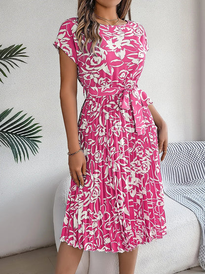 Spring Summer Elegant Flower Print Dress Short Sleeve Folded Dresses for Women Mother's Day