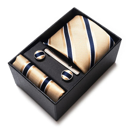 Tie Handkerchief Cufflink Set For Men Necktie Holiday Gift Box Blue Gold Suit Accessories Slim Wedding Gravatas