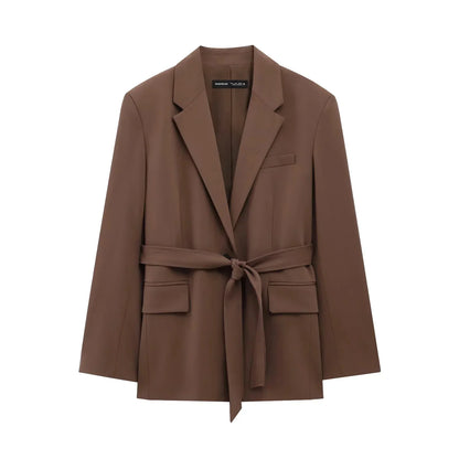 KONDALA 2026 Spring Office Lady Elegant Brown Women Suit Fashion Casual Sashes Oversized Shrug Blazer Chic Zipper Long Pant