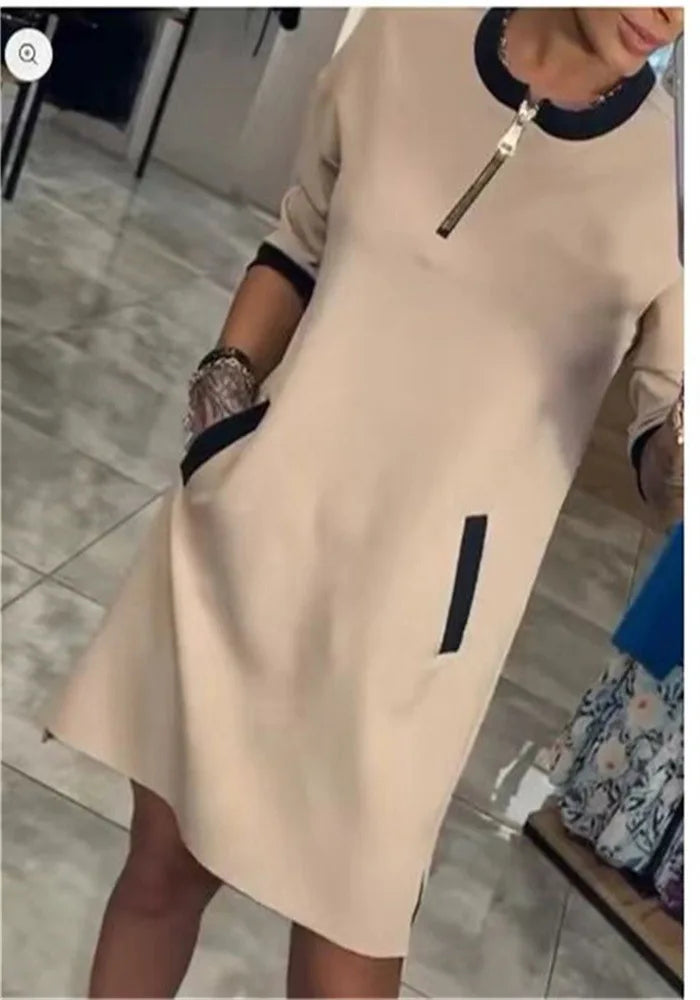 Spring Elegant Women's Dress Autumn Long Sleeve Zipper O Neck Fashion Dress For Women 2025 Casual Loose Dresses Female