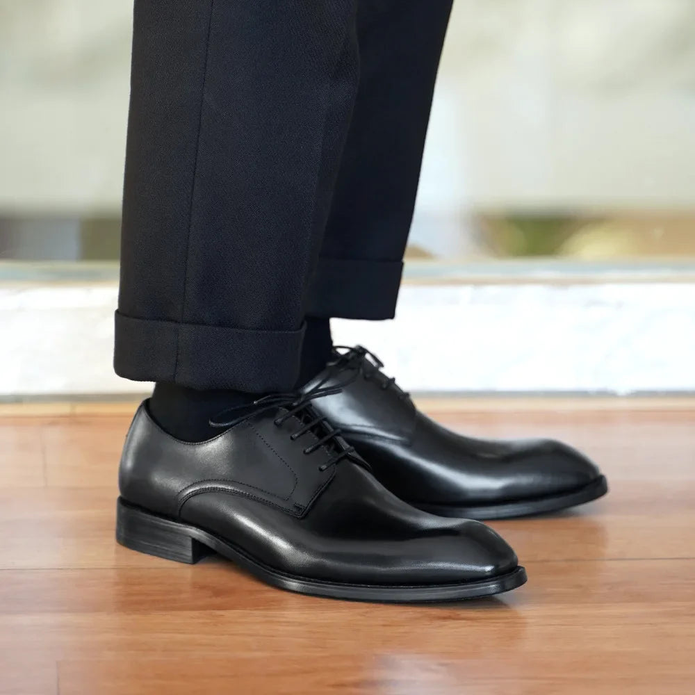Men's Business Casual Shoes Distressed Wood Grain Square Toe Leather Derby Comfortable Office Wear Formal Dress Shoes Footwear
