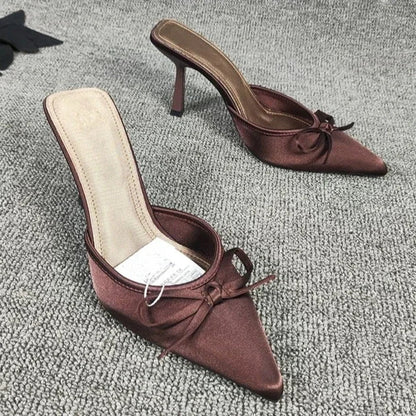 Bow High Heels Slippers Women Pointed Toe Mules Shoes Sexy 2025 Summer Dress Party Stilettos Sandals Woman Slides Trend Pumps