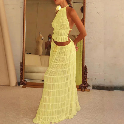 Beach Dresses Women 2024 Skirt Set Sleeveless Backless Cropped Halter Tops Drawstring Long Skirts Elegant Fashion 2 Piece Sets