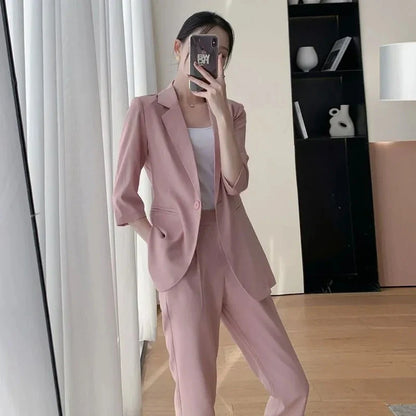 Korean Office Lady Summer Work Thin Solid Slim Blazers Pants Two Piece Set Women's Proffession Uniform Coat Trousers Outfits