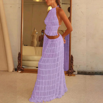 Beach Dresses Women 2024 Skirt Set Sleeveless Backless Cropped Halter Tops Drawstring Long Skirts Elegant Fashion 2 Piece Sets
