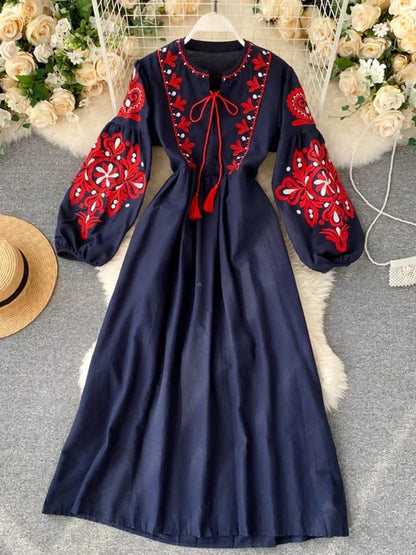 Spring Autumn Women Dresses Bohemian Embroidered Flower O-Neck Lantern Sleeve High Waist Dress All-match Female Vestidos PL393