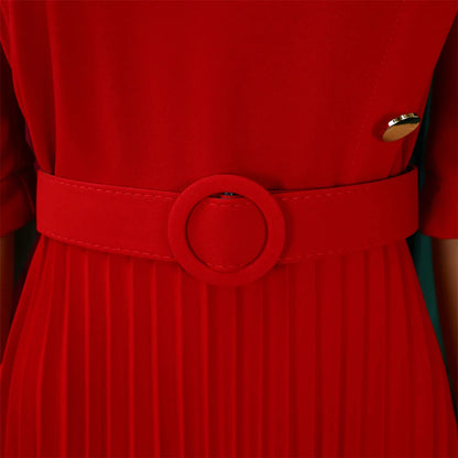 Elegant Office Pleated Dresses for Woman 2024 O Neck Buttons Belt Waisted Mid Calf Fashion Female Business Work Wear Dress Midi