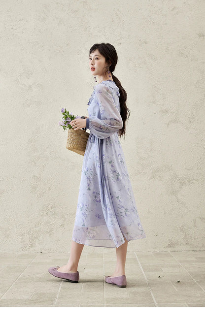 MISHOW Print Spring Summer Dress for Women New 2025 Ruffled V-neck Long Sleeve Blue French Dresses Female Fashion MXE15L2139