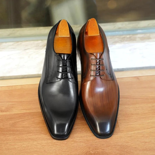 Men's Business Casual Shoes Distressed Wood Grain Square Toe Leather Derby Comfortable Office Wear Formal Dress Shoes Footwear