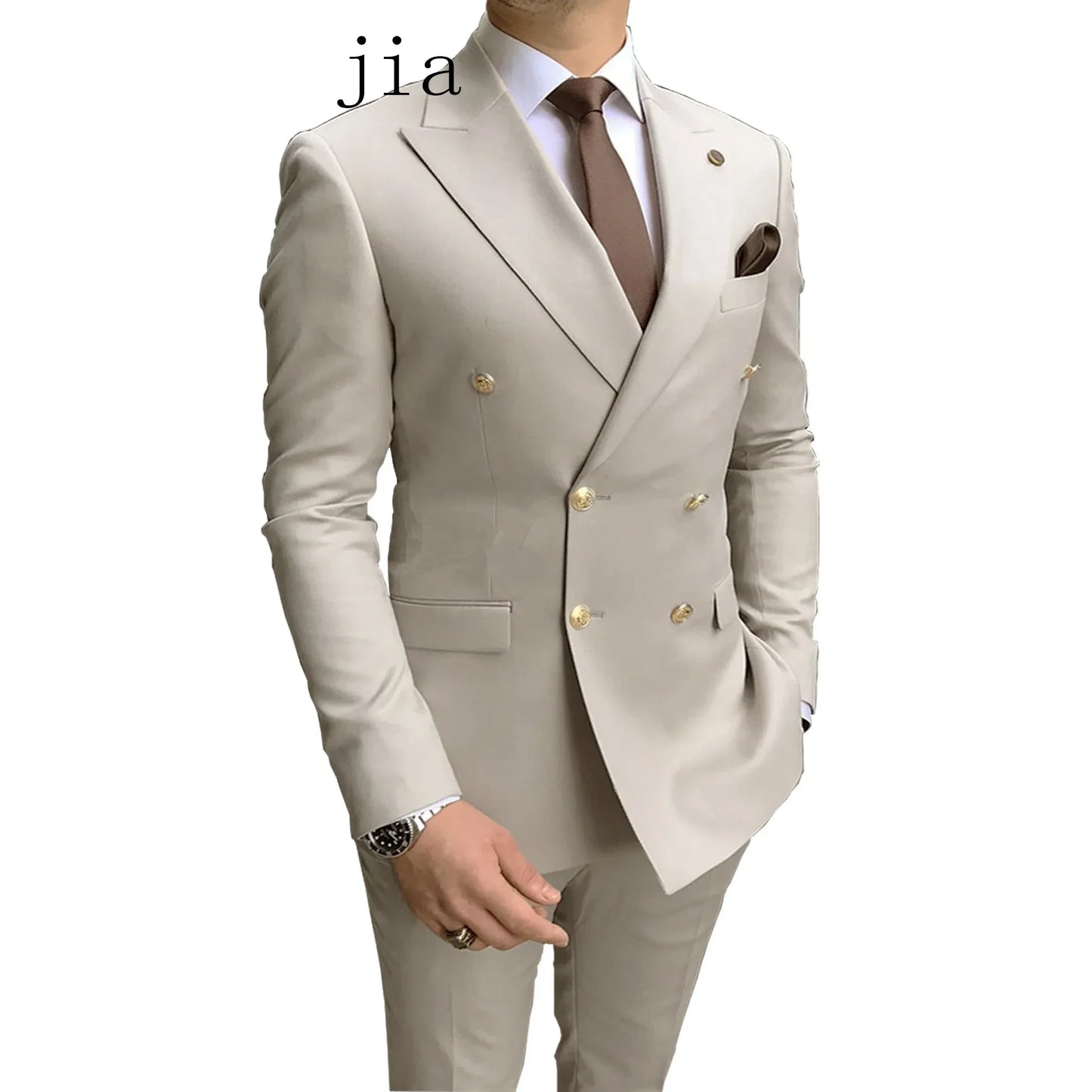 2024 Fashion New Men's Business Double Breasted Solid Color Suit Coat / Male Slim Wedding 2 Pieces Blazers Jacket Pants Trousers