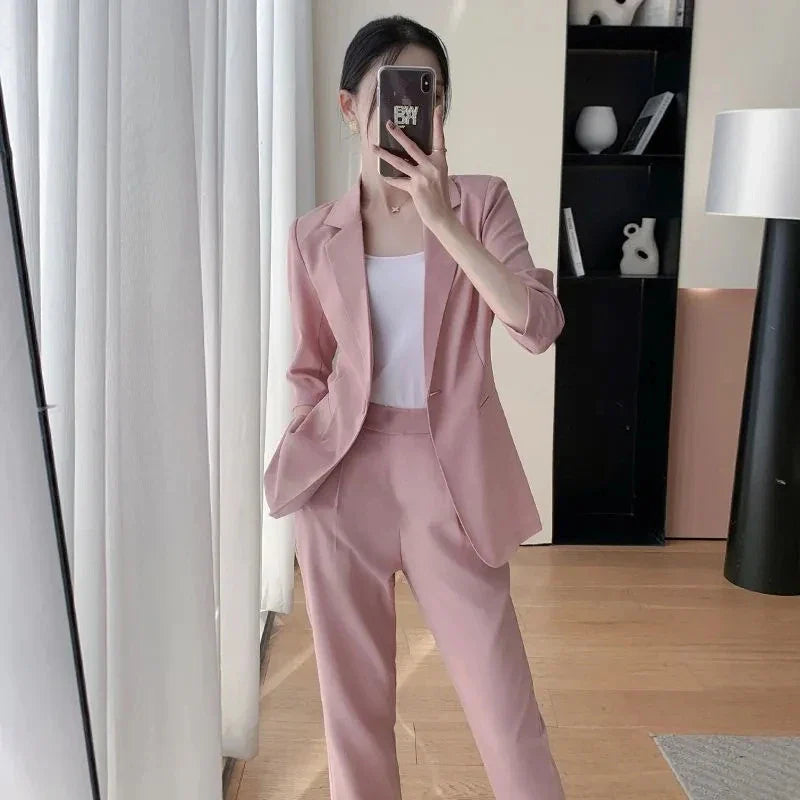 Korean Office Lady Summer Work Thin Solid Slim Blazers Pants Two Piece Set Women's Proffession Uniform Coat Trousers Outfits
