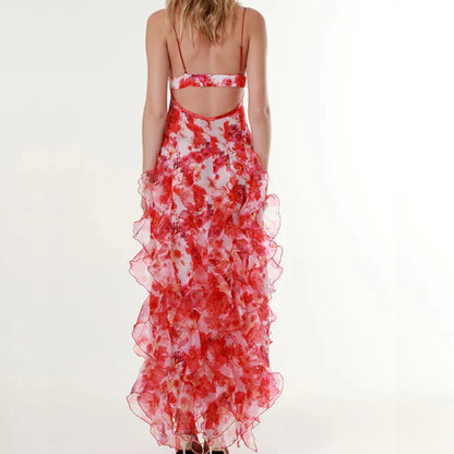 Spring Summer Floral Print Slim Chiffon Dress Female Fashion V Neck Ruffle Long Dress Elegant Sleeveless Party Dresses Vestidos