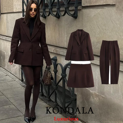 KONDALA Chic Casual Solid Women Suit Pockets Button Blazer Straight Loose Pants Zipper Skirt New Fashion 2025 Autumn Winter Sets