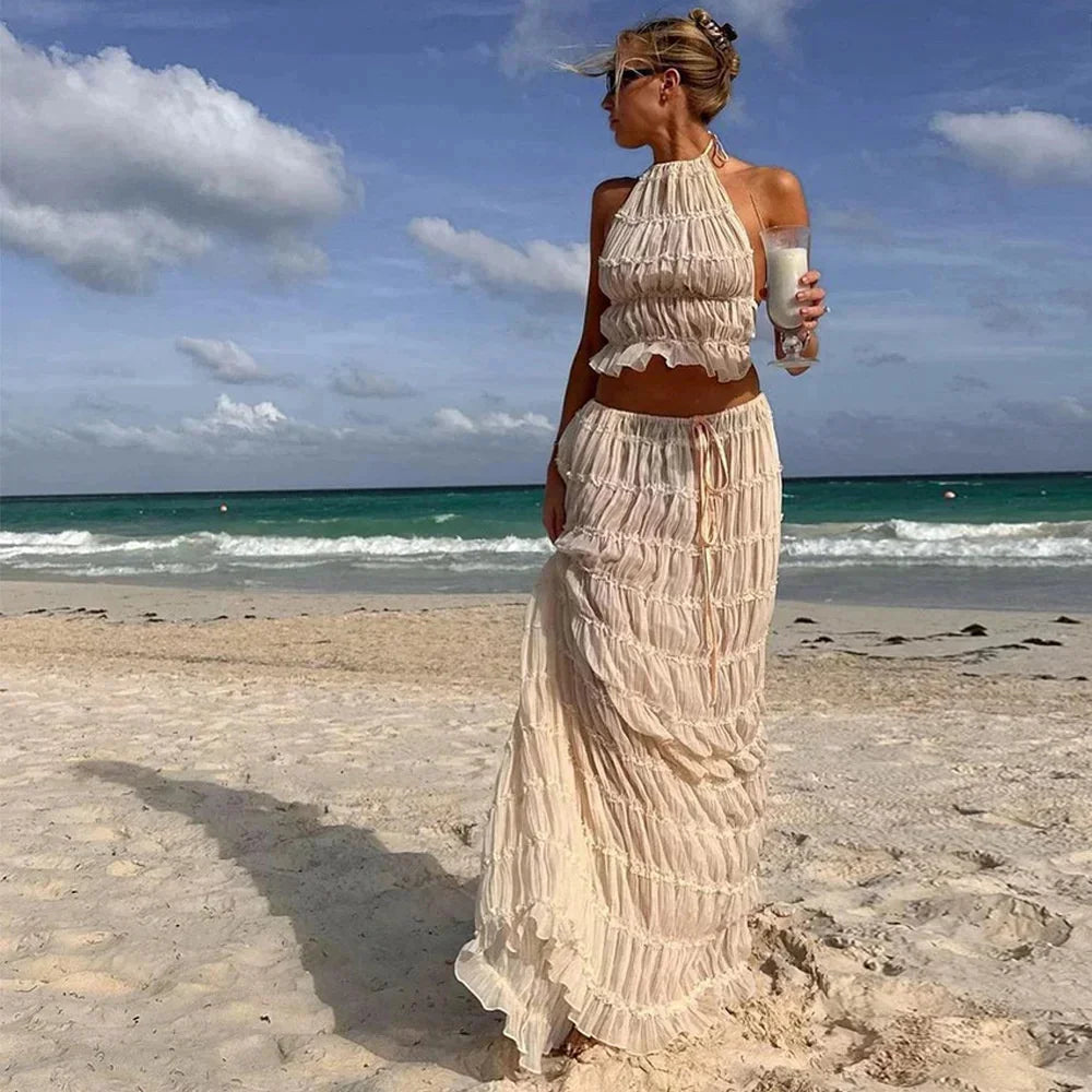 Beach Dresses Women 2024 Skirt Set Sleeveless Backless Cropped Halter Tops Drawstring Long Skirts Elegant Fashion 2 Piece Sets