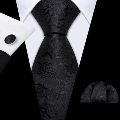 Barry.Wang Black White Gray Silver Silk Men Tie Handkerchief Cufflinks Set Jacquard Necktie for Male Wedding Business Party Gift