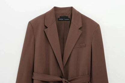 KONDALA 2026 Spring Office Lady Elegant Brown Women Suit Fashion Casual Sashes Oversized Shrug Blazer Chic Zipper Long Pant