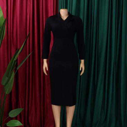 Elegant Bodycon Dresses for Women V Neck Full Sleeve Solid Sheath Package Hips Mid Calf Professional Business Work Dress Midi OL