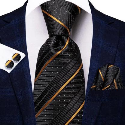 Hi-Tie Psialey Black Gold Silk Elegant Tie For Men Groom Wedding Men Necktie Pocket Square Cufflink Accessory Wholesale Designer