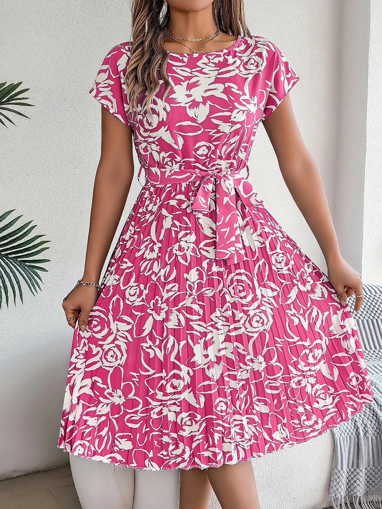 Spring Summer Elegant Flower Print Dress Short Sleeve Folded Dresses for Women Mother's Day