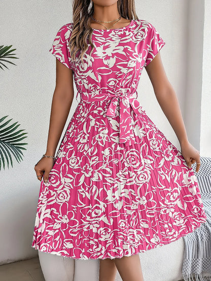 Spring Summer Elegant Flower Print Dress Short Sleeve Folded Dresses for Women Mother's Day