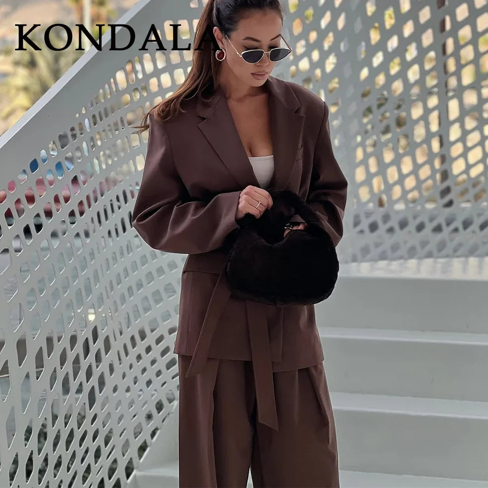 KONDALA 2026 Spring Office Lady Elegant Brown Women Suit Fashion Casual Sashes Oversized Shrug Blazer Chic Zipper Long Pant